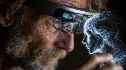 Visionary scientist interacts with glowing digital consciousness, exploring future technology and virtual reality immersion.