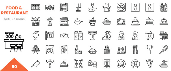 A collection of food and restaurant outline icons representing various culinary delights and dining experiences.
