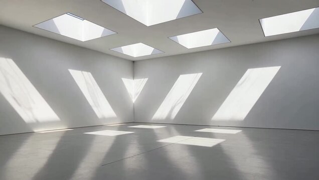 A modern, empty room with slanted walls and multiple skylights casting shadows on the floor and walls, with a minimalist and clean aesthetic.