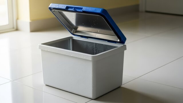 Open empty insulated cooler on tile floor lid ajar revealing a metallic interior Light reflecting off smooth surfaces