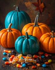 Colorful pumpkins with candy, wooden table, fall foliage