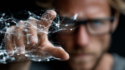 Visionary man interacts with futuristic digital network, exploring data streams and abstract connections for innovation and growth