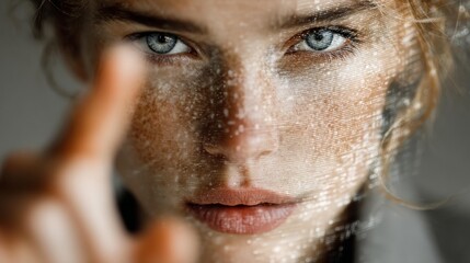 Captivating woman with blue eyes interacting with digital data overlay, conveying futuristic technology and innovation