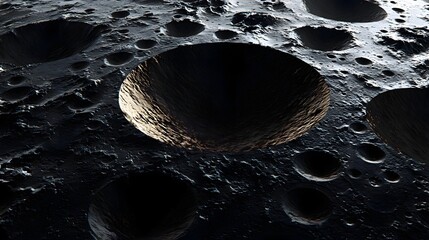 Extreme close-up of a dramatic, highly textured dark surface, dominated by a single, massive, deep-shadowed impact crater.