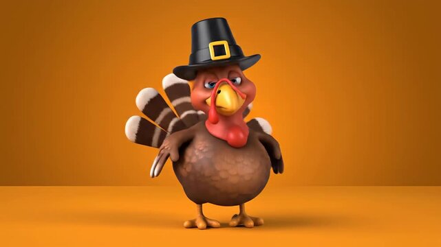 Animated cartoon turkey with pilgrim hat showcasing expressive gestures and vibrant colors for holiday themed digital art series