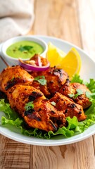 Grilled chicken with sauce and lemon served on a plate