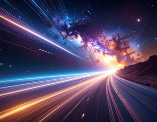 Cosmic highway with light trails leading towards a nebula