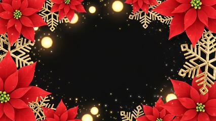 黒背景に赤いポインセチアと金の雪の結晶のクリスマスフレーム