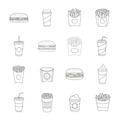 Minimalist line drawing of fast food items including burgers, fries, and drinks on