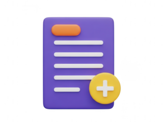 Purple document icon with add button isolated on transparent background