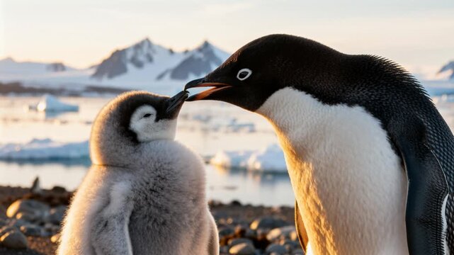 two fluffy baby chinstrap penguins interacting curious expression soft natural light shallow depth of field perfect for penguin awareness day