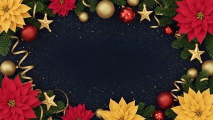 紺色の背景に赤と黄色のポインセチアが咲くクリスマスフレーム