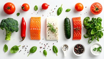Fresh and healthy ingredients for a balanced meal, including fish, vegetables, and spices, arranged on a white background.