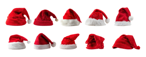 Festive red Santa hat collection in various worn and plush styles, cozy texture and playful shapes evoking holiday spirit and cheerful mood