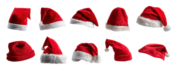 Red velvet Santa hat collection in various folded and floppy styles showing white faux fur trim and pom pom, festive cozy textures and holiday cheer in multiple angles and shapes