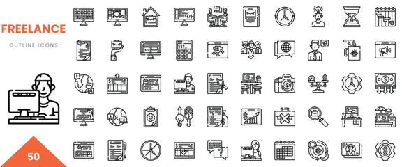 Illustration of freelance work icons featuring a male designer using a computer.