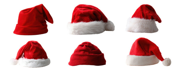 Red Santa hat collection in red velvet and white faux fur, festive holiday headwear assortment evoking cheerful seasonal spirit
