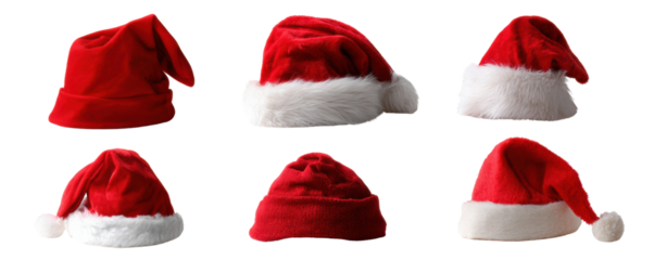 Red Santa hat collection in red velvet and white faux fur, festive holiday headwear assortment evoking cheerful seasonal spirit