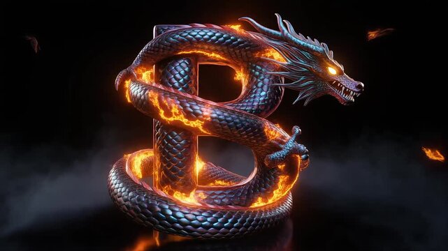 Fiery Dragon Wrapped Around Letter B &ndash; Mystical Animation with Glowing Eyes and Smoky Ambience