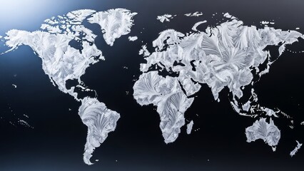 World map of white crystallized ice patterns on a dark blue background resembling frosted glass