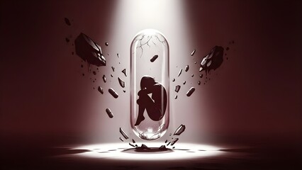 Person trapped inside a broken capsule, symbol of isolation and mental health struggles