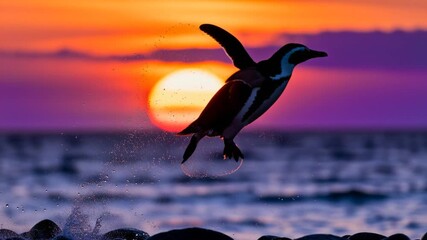 dramatic silhouette magellanic penguin leaping out of ocean porpoising rocky shore setting sun vibrant orange purple sky perfect for penguin awareness day