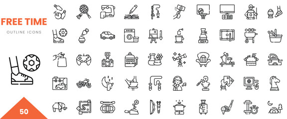 A collection of outline icons representing various leisure activities and hobbies.