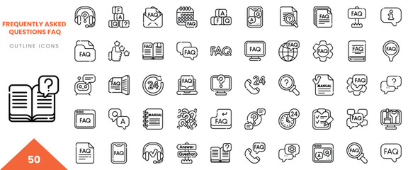 A collection of outline icons illustrating frequently asked questions (FAQ) concepts in various designs.