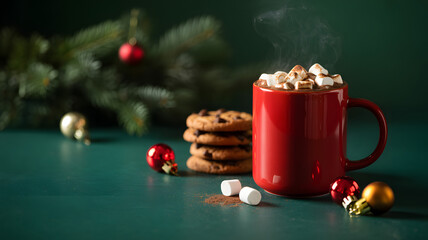Steaming hot chocolate in a red mug with marshmallows and chocolate chip cookies, festive christmas decorations in the background, perfect for a cozy winter holiday