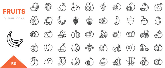 A collection of 50 outline icons representing various fruits in a minimalist style.