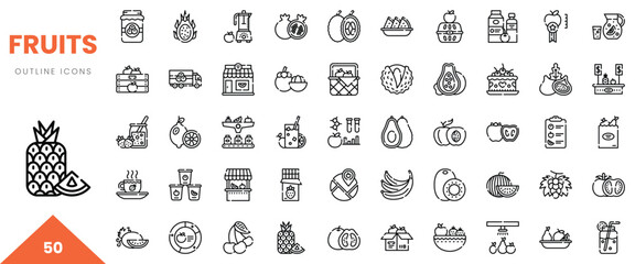Collection of various fruit outline icons including pineapples, avocados, and apples.
