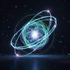 Obraz premium Glowing 3D energy sphere with electric lines circling around, futuristic atmosphere, dark ambient background.