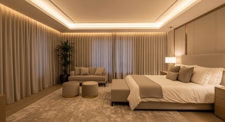 Sophisticated and inviting modern bedroom interior design, featuring warm ambient lighting, a luxurious bed, and an elegant sitting area, creating a tranquil and comfortable sanctuary