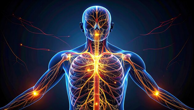 Digital human body illustration highlighting nervous and circulatory systems