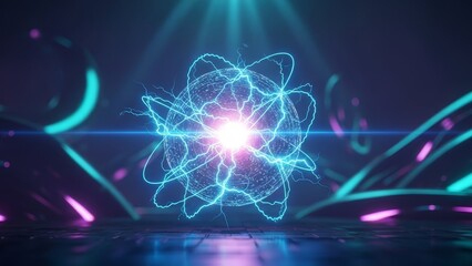 Fototapeta premium Glowing 3D energy sphere with electric lines circling around, futuristic atmosphere, dark ambient background.