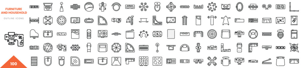 Collection of outline icons depicting various furniture and household items in minimalistic design.
