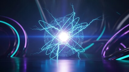 Glowing 3D energy sphere with electric lines circling around, futuristic atmosphere, dark ambient background.