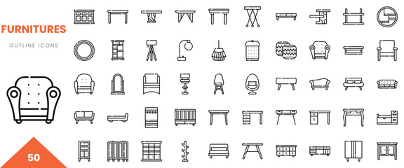 A collection of 50 outline icons representing various furniture items in a minimalist style.