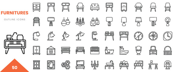 A collection of 50 outline icons representing various furniture styles and types.
