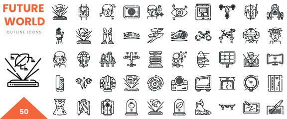 A diverse collection of futuristic outline icons representing technology and innovation.
