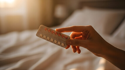 Blister pack of daily oral contraceptives held by a woman's hand in a warm, intimate bedroom setting, symbolizing fertility control and health management