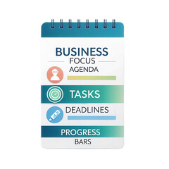 Business focus agenda notebook with sections for tasks, deadlines, and progress bars on transparent background