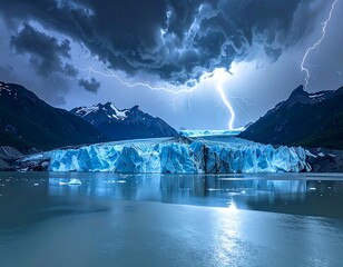 Dramatic glacial landscape scene with lightning striking, ominous clouds