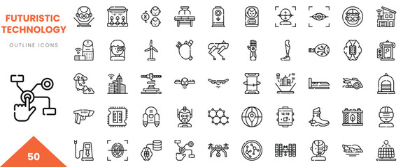 A collection of futuristic technology outline icons featuring innovative devices and concepts.