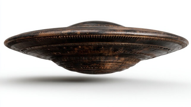 Unidentified flying object hovering, bronze-colored alien spacecraft model with intricate details, concept of extraterrestrial intelligence