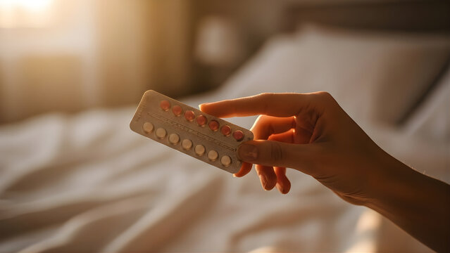 Blister pack of daily oral contraceptives held by a woman's hand in a warm, intimate bedroom setting, symbolizing fertility control and health management - Powered by Adobe