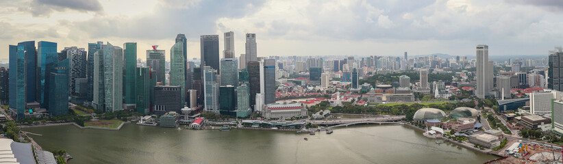 Panorama View of the famous Marina Bay Sands building and Singapore skyline as seen on a cloudy day