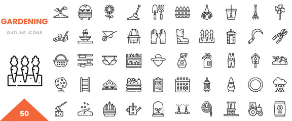 A collection of 50 outline icons representing various gardening tools and elements.