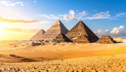 Egyptian pyramids at sunset, casting long shadows on desert sand