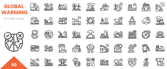 A collection of global warming outline icons illustrating climate change elements and solutions.